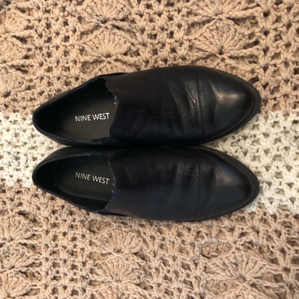 Black faux leather loafers